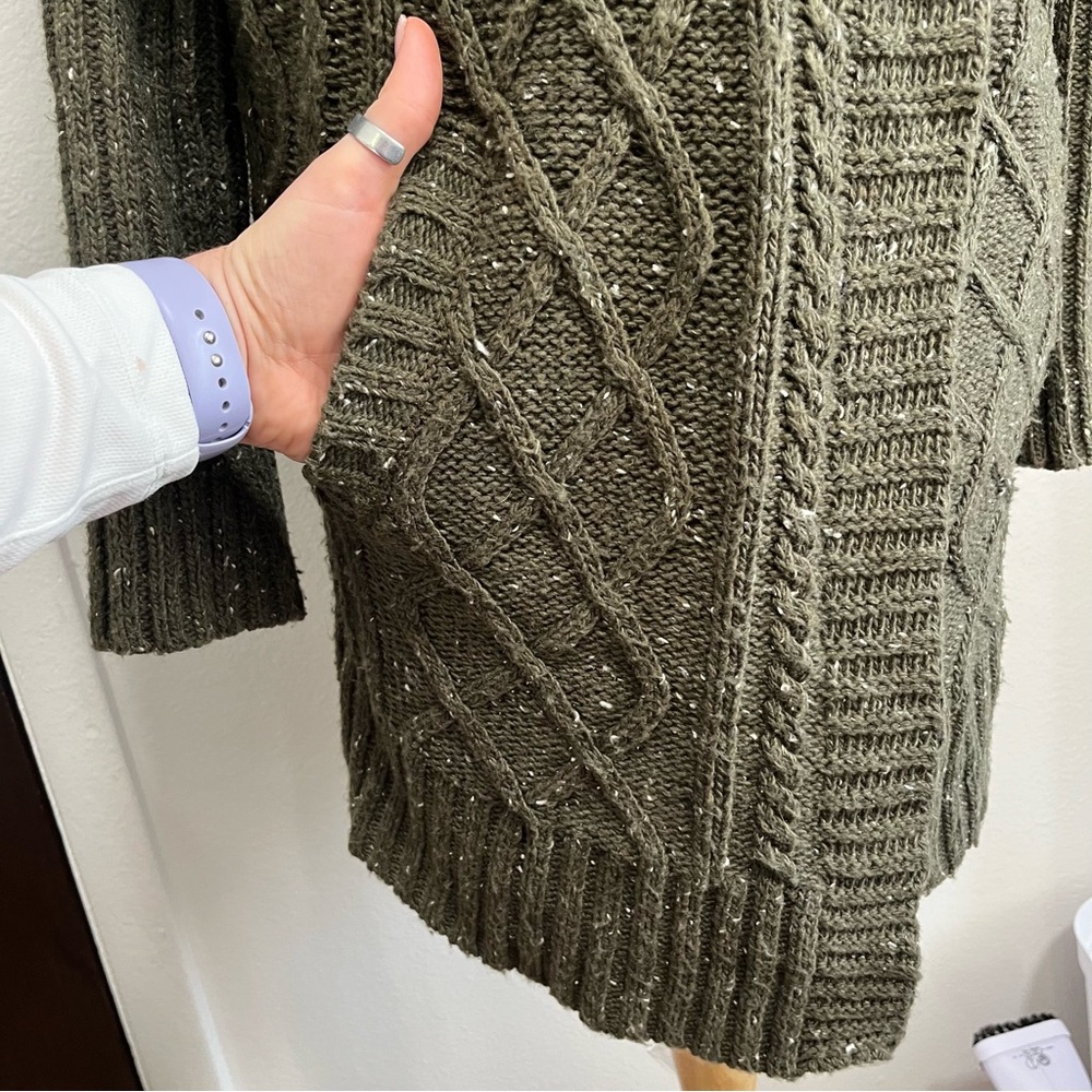 Prana Sweater Small Chunky Turtleneck Cable Knit Olive Green Cardigan Lagenlook - Picture 6 of 7